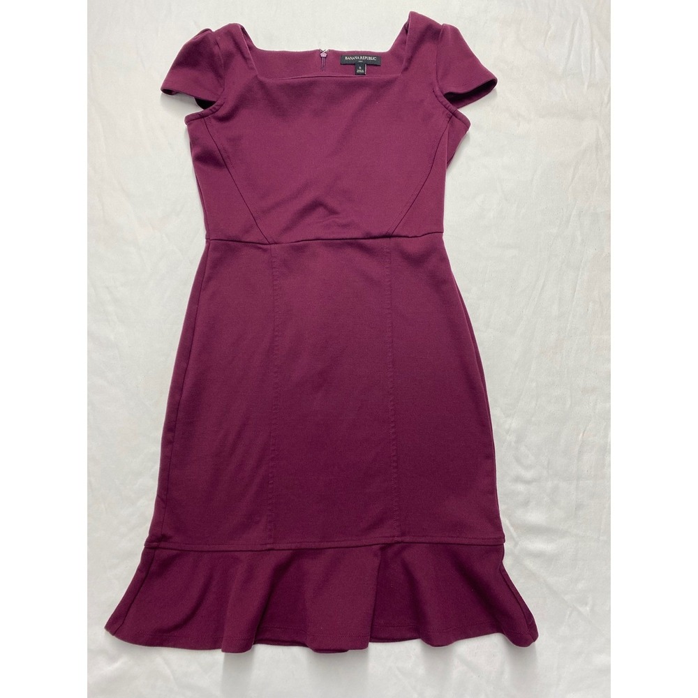 Banana Republic Burgundy Cap Sleeve Square Neck Flounce Hem Sheath Dress 0